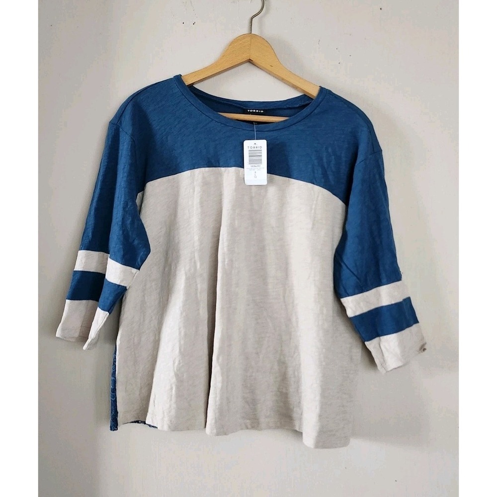 NWT Torrid 0 L 12  Teal Beige Varsity Tee Lace Back 3/4 Sleeve T-Shirt Top Shirt